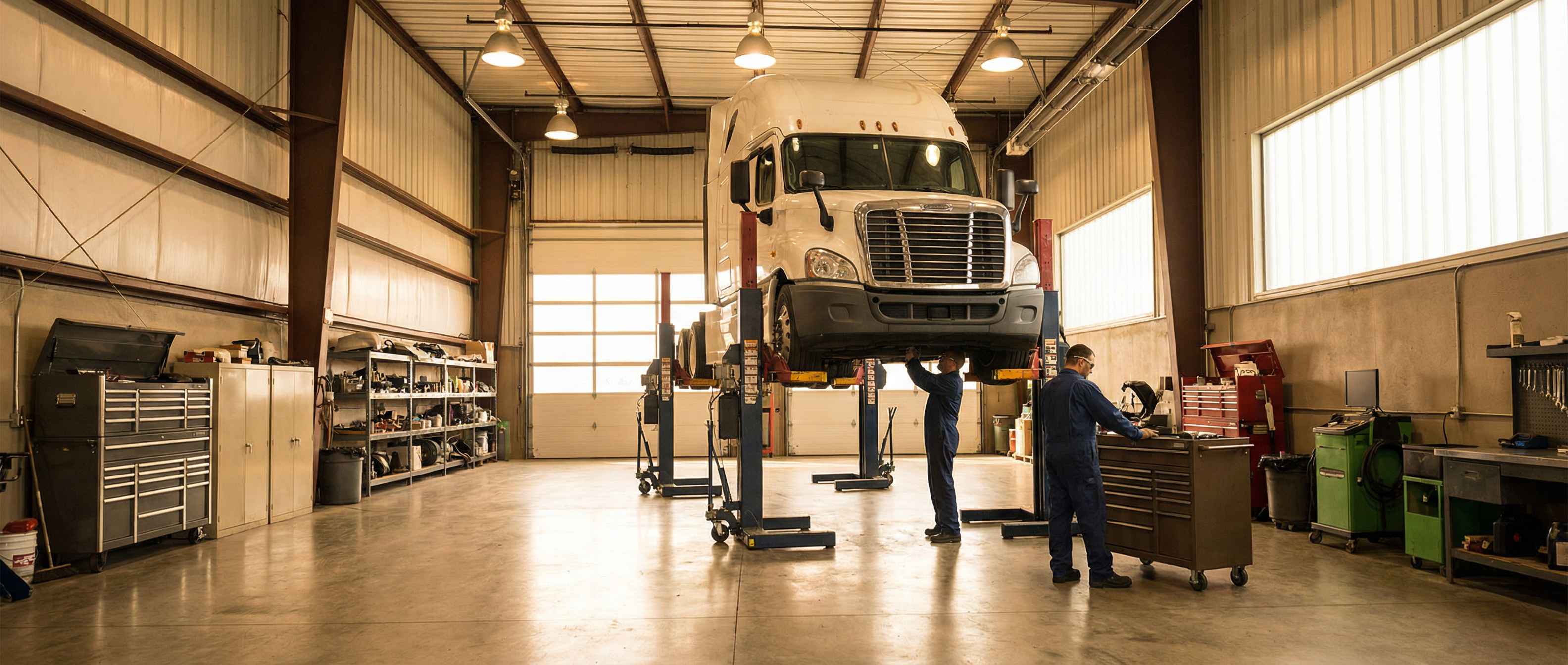 Professional diesel truck repair workshop with a semi-truck on hydraulic lifts in a clean, well-organized service bay