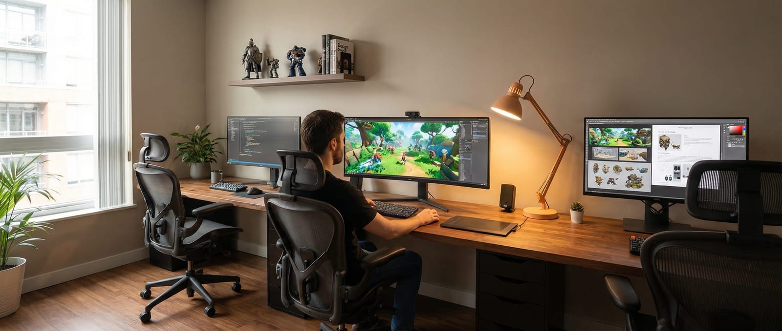 Game development workspace with monitors showing code and 3D modeling