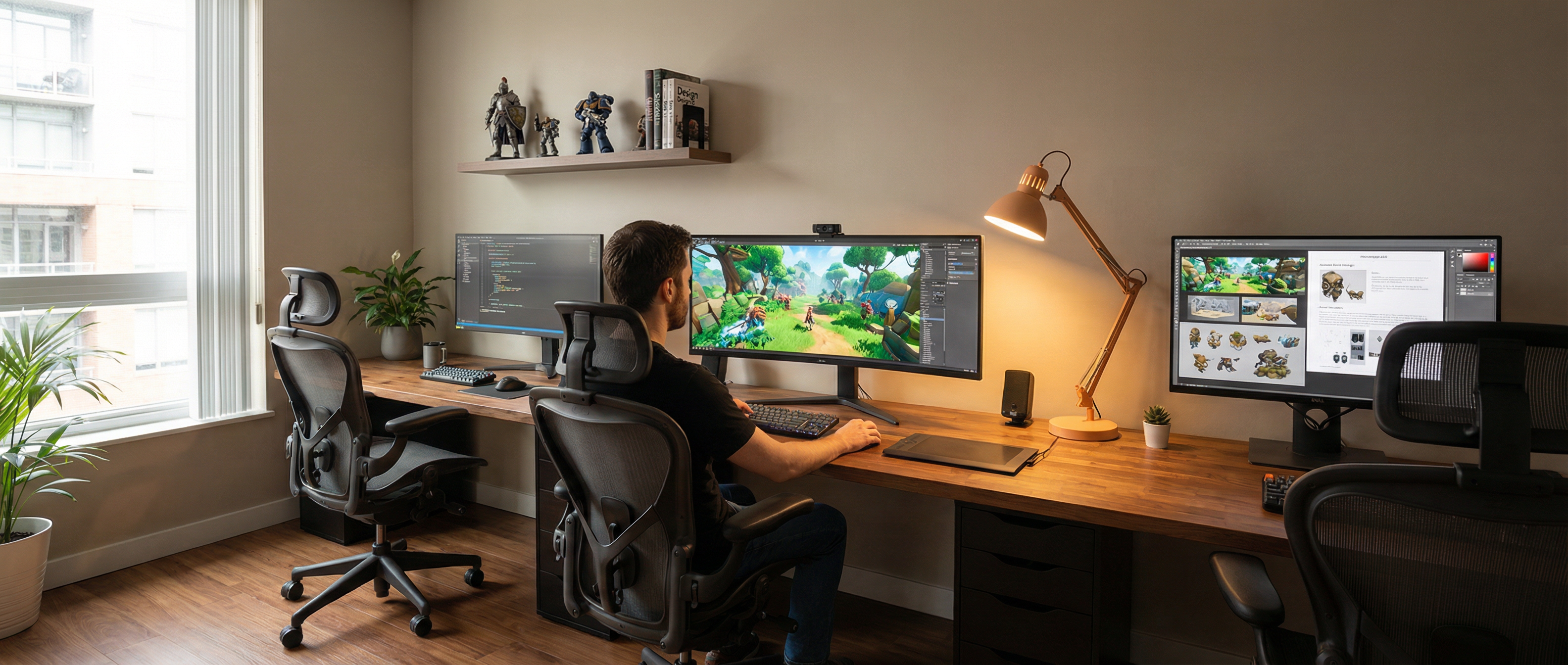 Professional game development studio with three monitors showing 3D modeling and code in a modern office