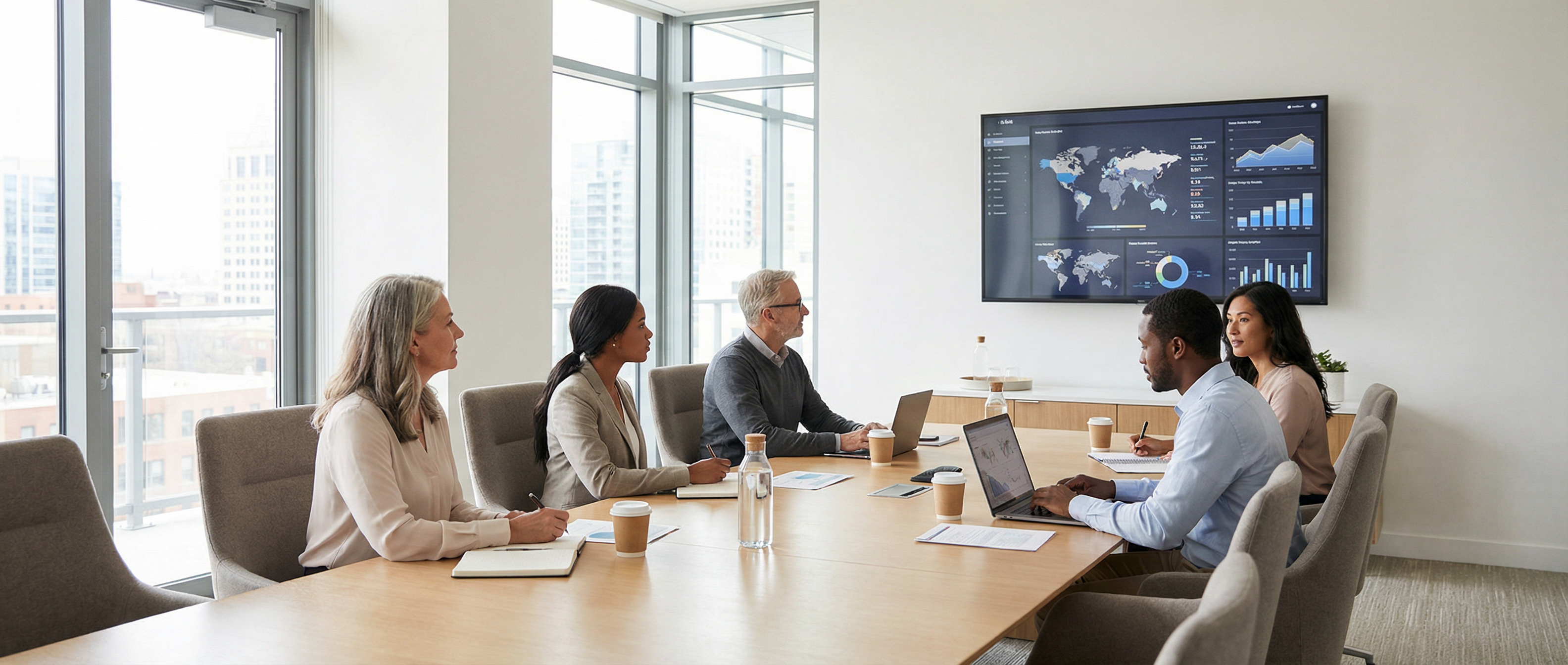 Executive conference room with a large data analytics dashboard showing global metrics and geographic visualization