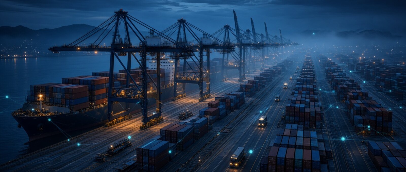 Container terminal at dusk with ship-to-shore cranes and a glowing network of coordinating agents